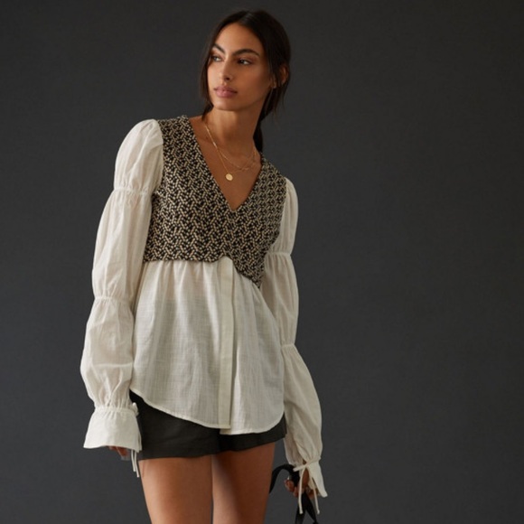 By Anthropologie Layered Jacquard Vest & Blouse Top XS Workwear Fall - Picture 1 of 4